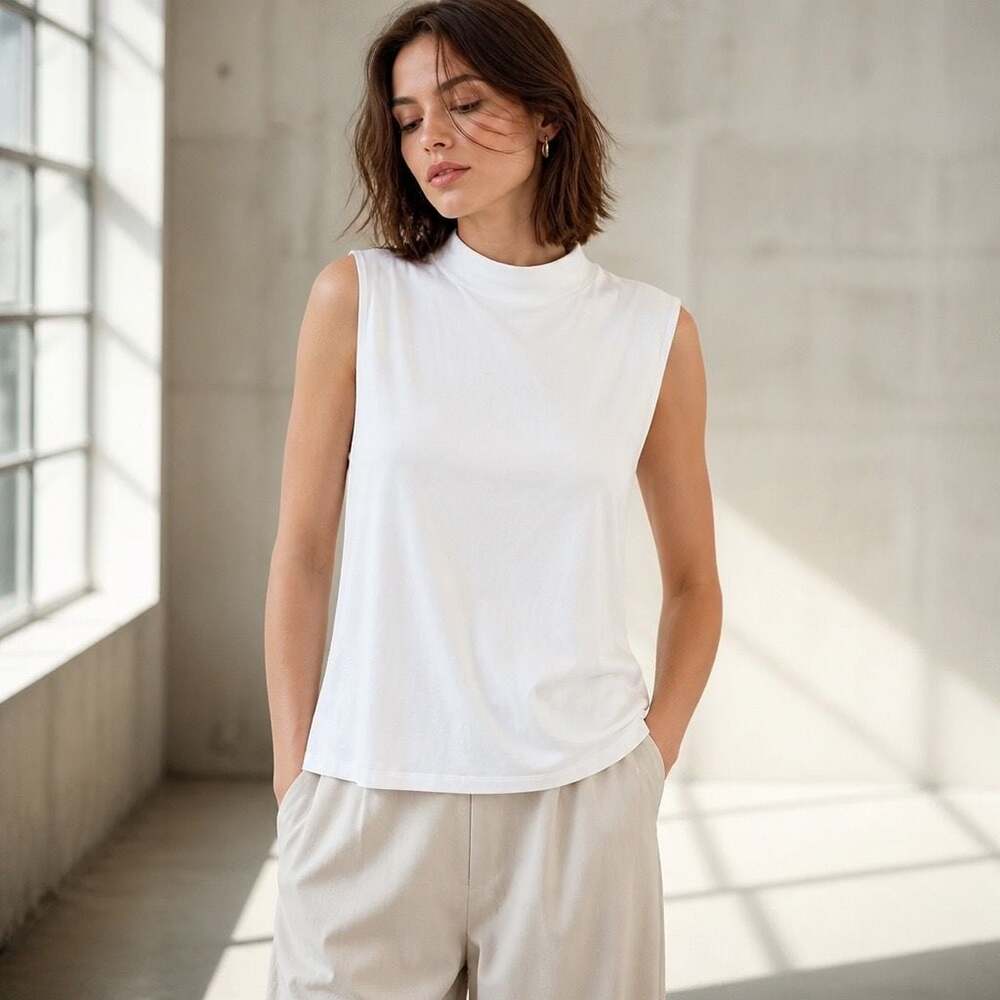 Eileen Fisher Organic Cotton Elastane Mock Neck Sleeveless Tank Top